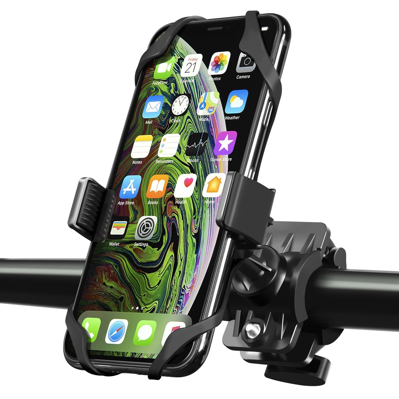 Bike Mount Phone Holder, Insten Universal Bicycle Motorcycle MTB Rack Handlebars Cradle w Secure Grip 360 Rotatable Rubber Strap Compatible with iPhone 11 12 Mini Pro Max Xs Xr SE 2020 8 Plus, Black
